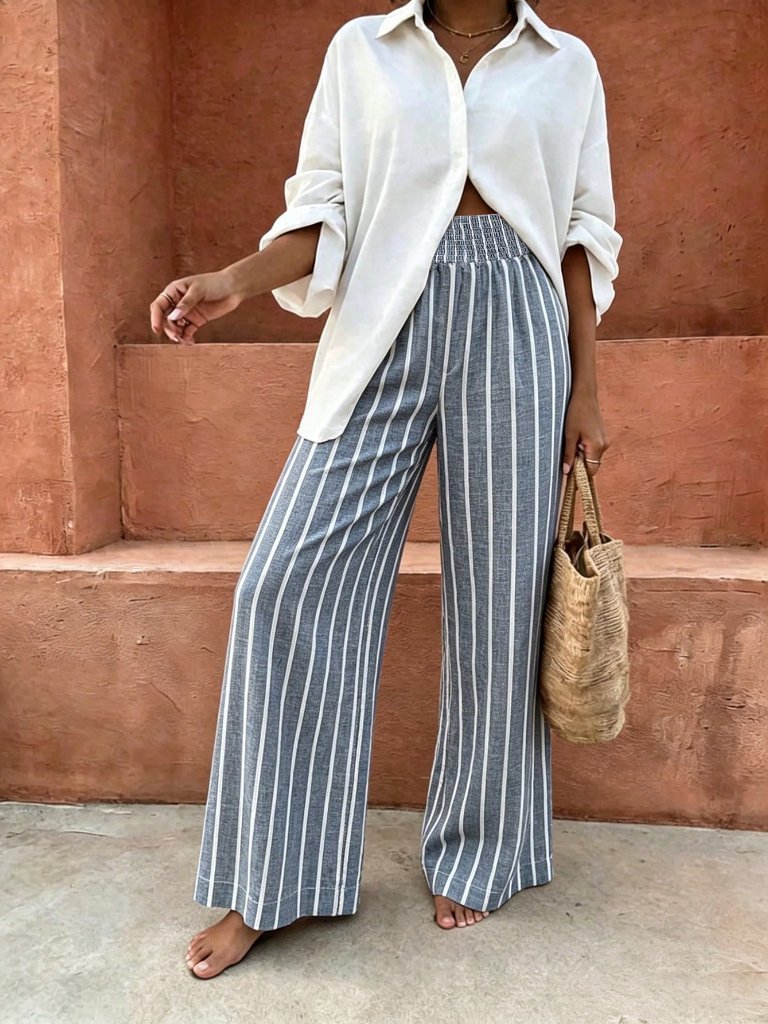 Blue Casual Women's Waist Knot Stripe Fabric Pocket Pants
